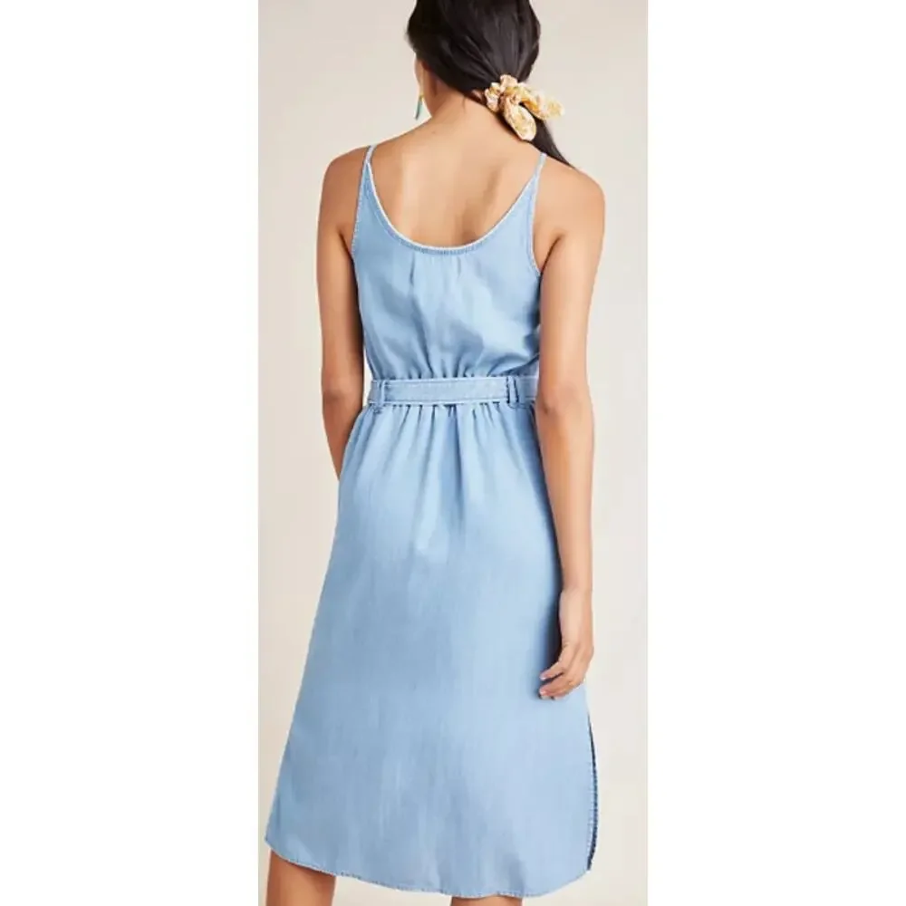 Cloth & Stone XL Surplice Chambray Midi Dress Light Blue Denim Belted Sleeveless - Picture 2 of 9